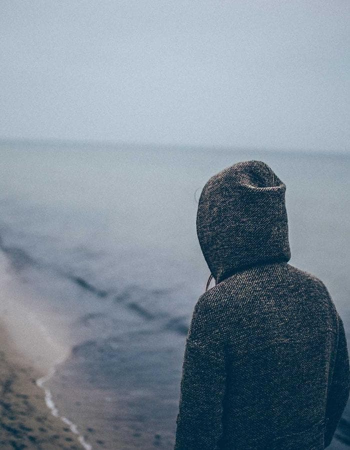 Figure in a hooded jacket looking out at the shoreline